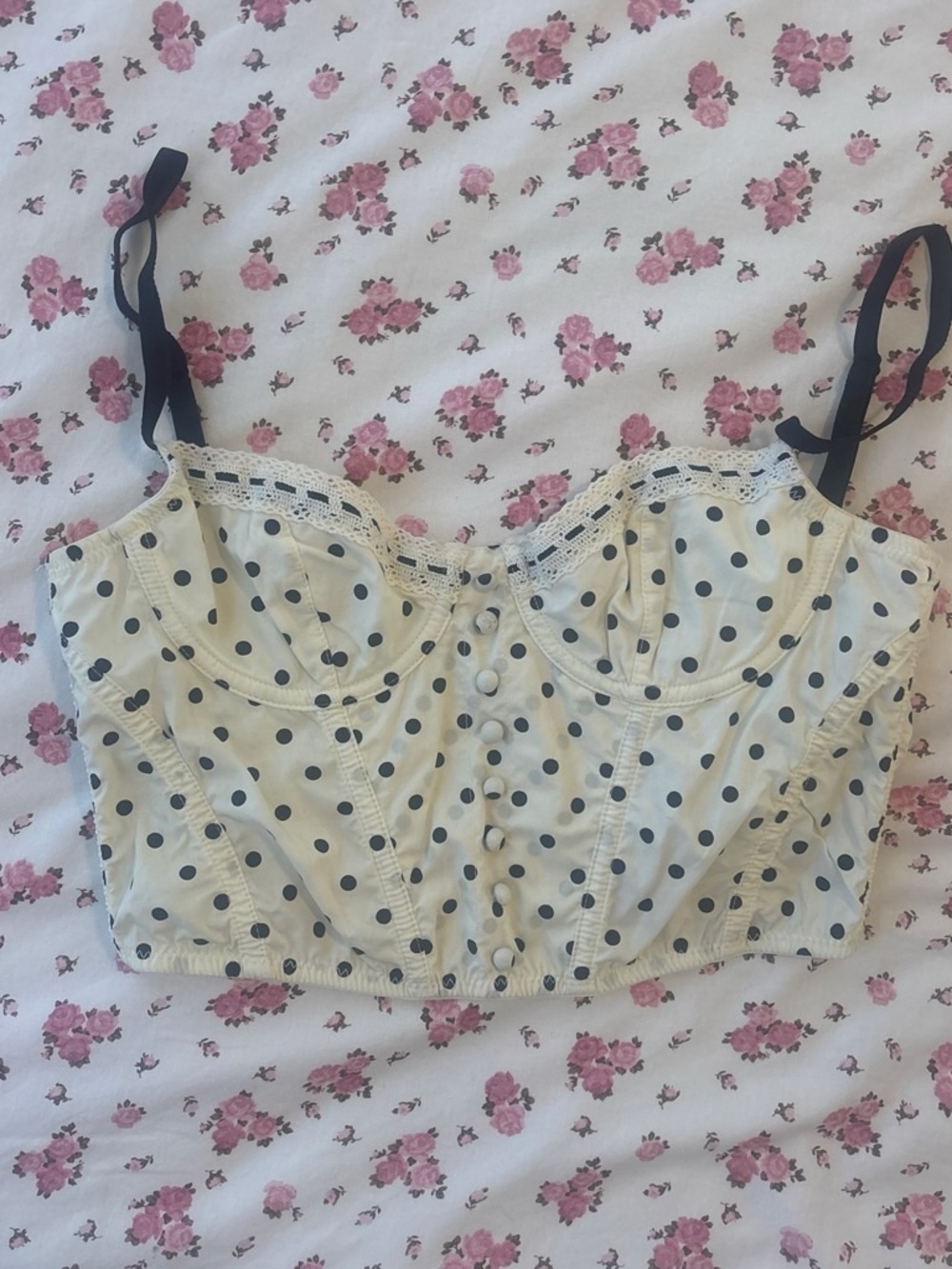 Urban Outfitters Cream Polka Dot Lace-Trim Bustier with Black Dots